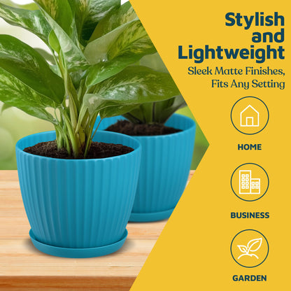 Blue 6-Inch Plant Pots with Drainage & Saucers 12 Pack, Indoor & Outdoor Planters for Houseplants, Herbs, and Flowers, Durable & Weatherproof Material, Stackable, Lightweight, Minimalist Design