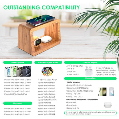 HQOBZX Bamboo Wireless Charging Station: Fast Charger Stand for iPhone 15/14/13/12/11 Pro Max/X/Xs Max/8, AirPods Pro, iWatch Series SE - 3-in-1 Dock
