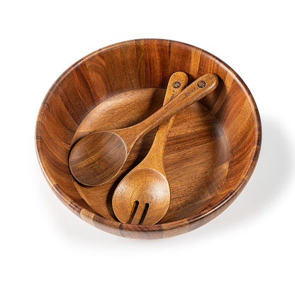 BILL.F Wooden Serving Bowl,12" Acacia Wood Large Salad Bowl Set with Salad Spoon and Fork for Fruits, Salads, Pasta