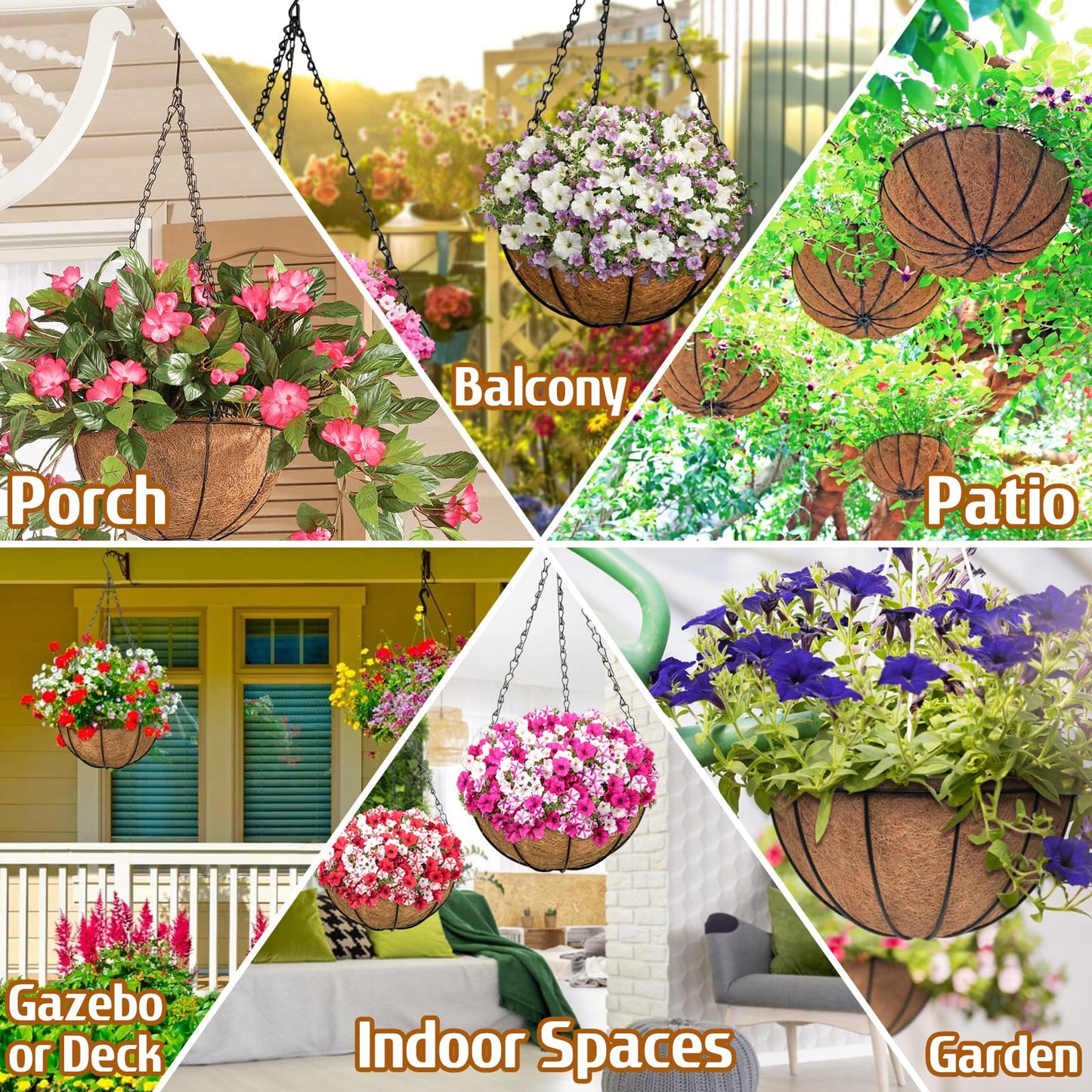 ZeeDix Hanging Baskets for Plants Outdoor-3 Pack 12 Inch Hanging Planters with Coconut Liners, Metal Round Hanging Planter for Flowers Vegetables