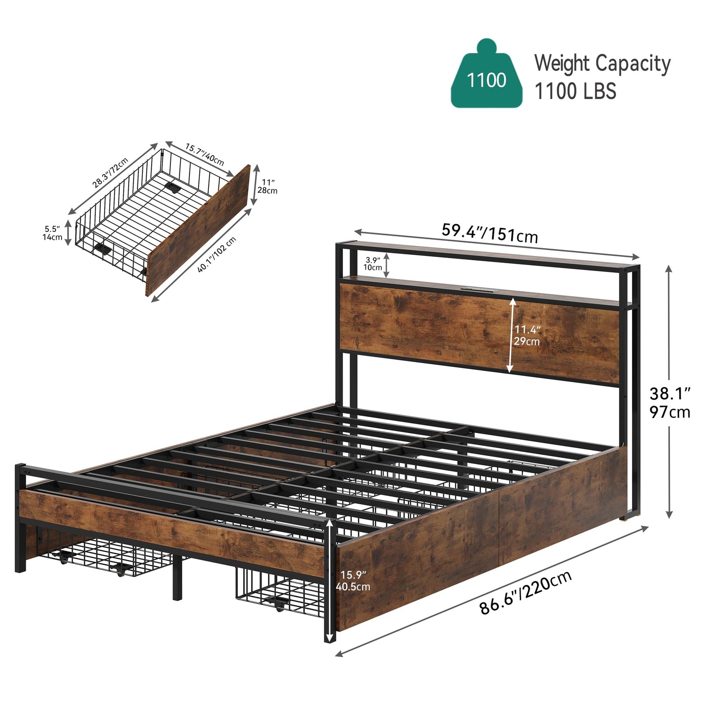 YITAHOME Queen Size Bed Frame with 4 Storage Drawers, Metal Platform Bed with Wooden Headboard and Charging Station, No Box Spring Needed, Fast Assemble, Brown
