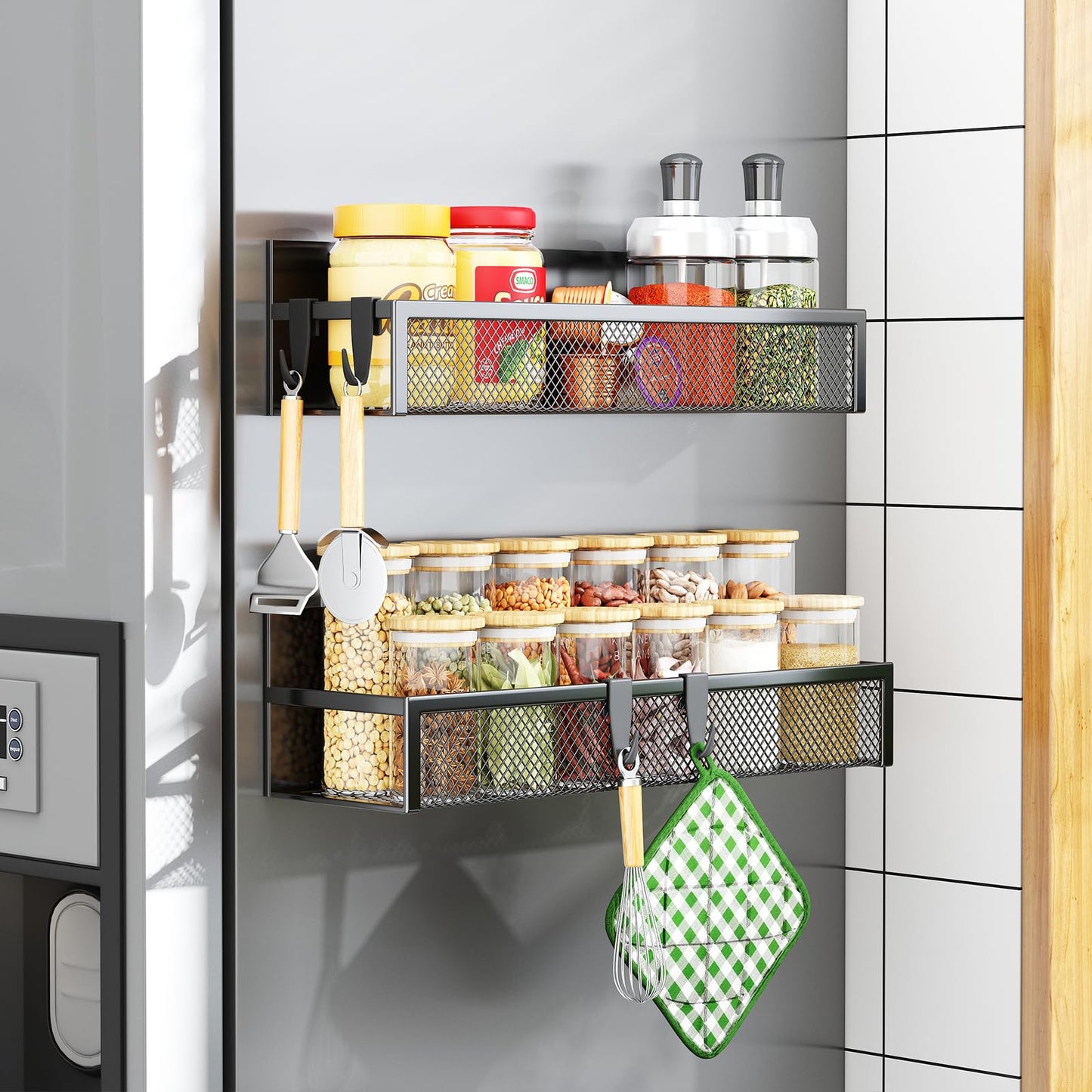 Magnetic Spice Rack for Refrigerator, 4 Pack Magnetic Shelf, Fridge Magnet Organizer with Moveable 8 Hooks, Magnetic Fridge Shelf for Kitchen Organization and Storage (4 Pack)