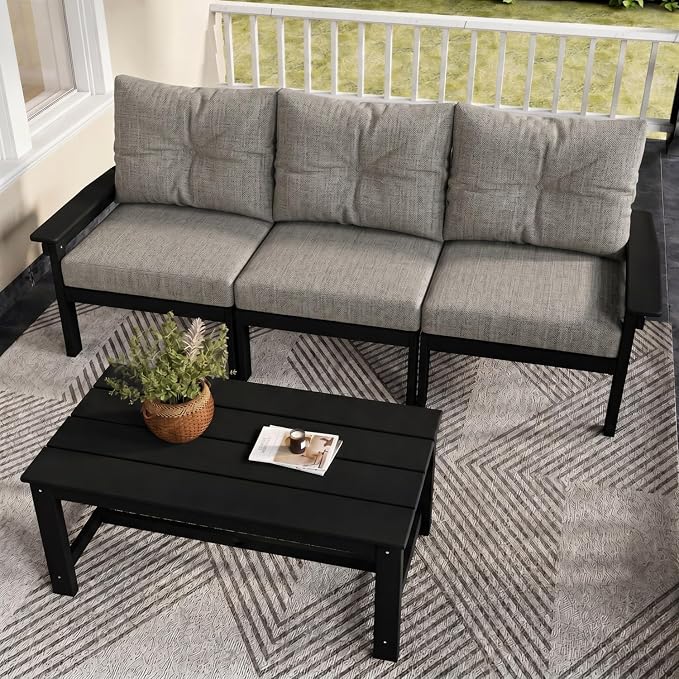 HDPE Patio Sofa Set, 4-Piece Sectional Outdoor Patio Furniture Set, All Weather Outdoor Couch Set with Coffee Table & Grey Washable Thick Cushions for Balcony, Porch (Black Frame)