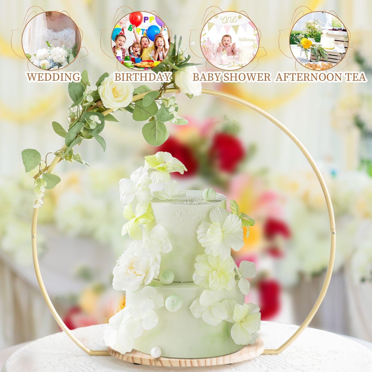 GENMOUS Wedding Cake Stand with Wood Stand Base, Gold 20" Round Arch Cake Stand Set, Metal Floral Hoop Centerpiece for Table, Large Cake Display Stand for Party, Events, Birthday Reception