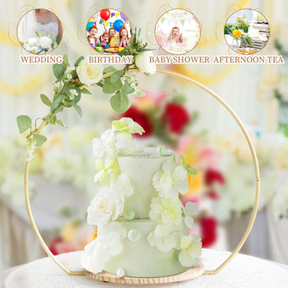 GENMOUS Wedding Cake Stand with Wood Stand Base, Gold 20" Round Arch Cake Stand Set, Metal Floral Hoop Centerpiece for Table, Large Cake Display Stand for Party, Events, Birthday Reception