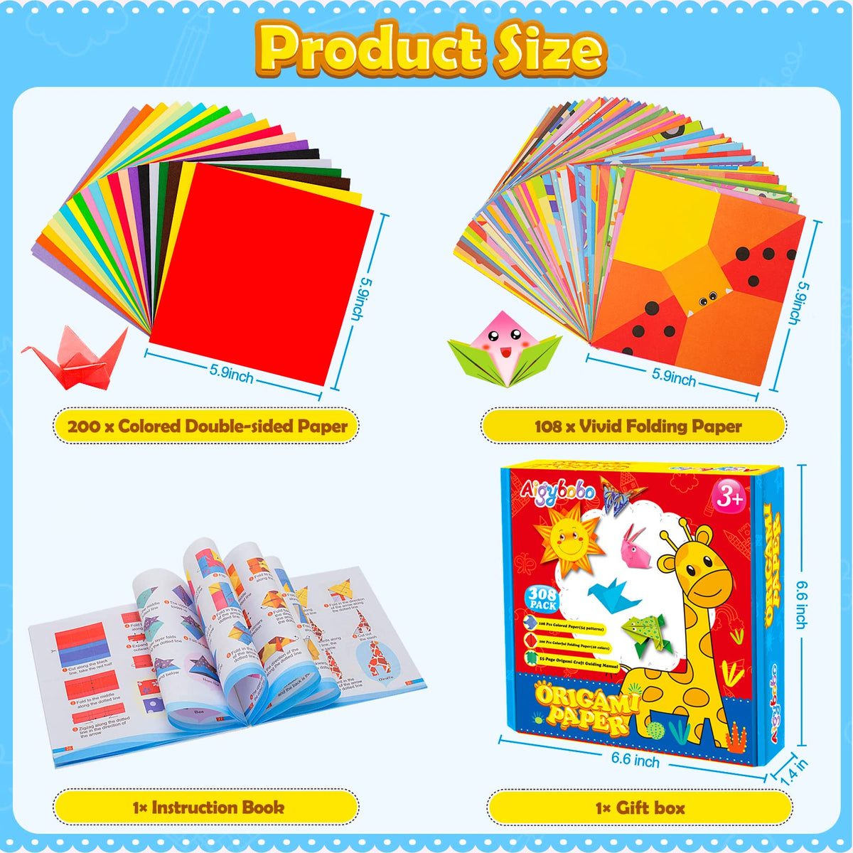 Aigybobo Origami Paper Set, 308PCS Kids Craft Paper Kit with Instructional Book for Girls Age 6,7,8,9,10,11,12, Art Projects Supplies for School Class Craft Lessons- Christmas Gifts for Boys&Girls