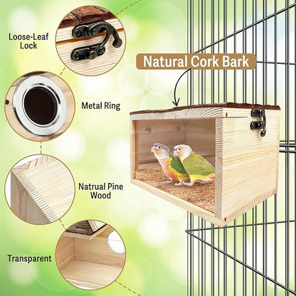 Tfwadmx Parakeet Nesting Box - Wooden Parrot Nest for Cockatiel, Lovebirds, Budgie, Conure - Acrylic Transparent Bird House With Perch for Breeding