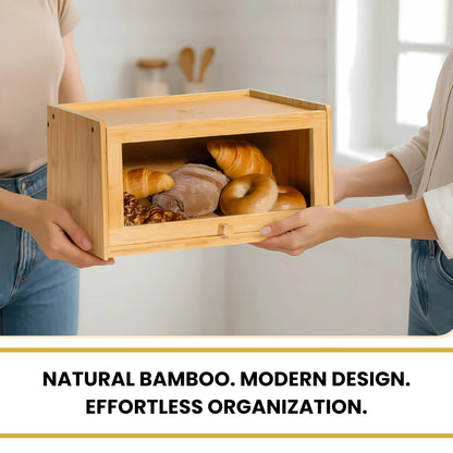 KuraHouse Bamboo Bread Box with Sliding Lid – Large Bread Box with Transparent Window – Bread Holder for Kitchen Countertops – Bamboo Bread Storage Container