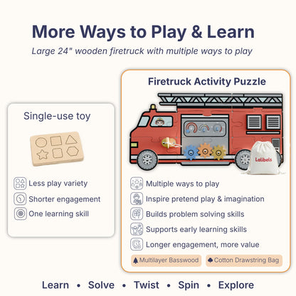 Lalibels Large Fire Truck Puzzle & Activity Toy for Toddlers 18 Months+, Montessori Fine Motor Learning Toy, Wooden Firetruck Birthday Gift for Boys Ages 1-3