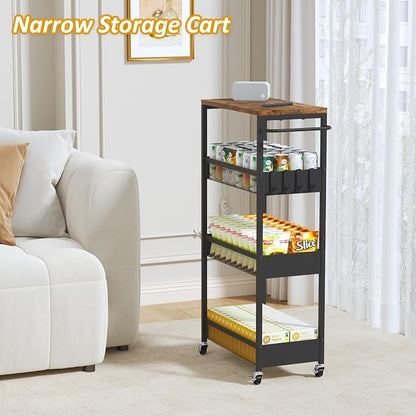 Vincona 9.1" Wide Slim Rolling Utility Cart, 4 Tier Metal Narrow Storage Cart with Handle and Wood Top, Multifunctional Small Mobile Shelf Unit Organizer Trolley for Laundry, Bathroom, Kitchen
