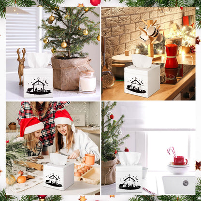 Yookeer Christmas Nativity Tissue Box Cover Square Wooden Decorative Tissue Box Holder Cube Organizer for Home Tabletop Night Stands Bathroom Kitchen Car Desk Office Decor, 5.9 x 5.9 x 5.9 Inches