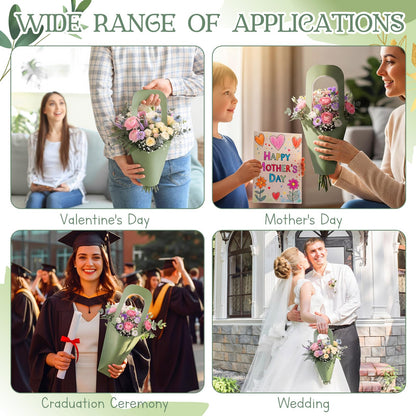 Kolldenn 60 Pack Sage Green Kraft Paper Flower Bouquet Wrapping Paper Gift Bags with Handle Flower Gift Bags for Graduation, Wedding, Birthday, Thanksgiving, Party Favors