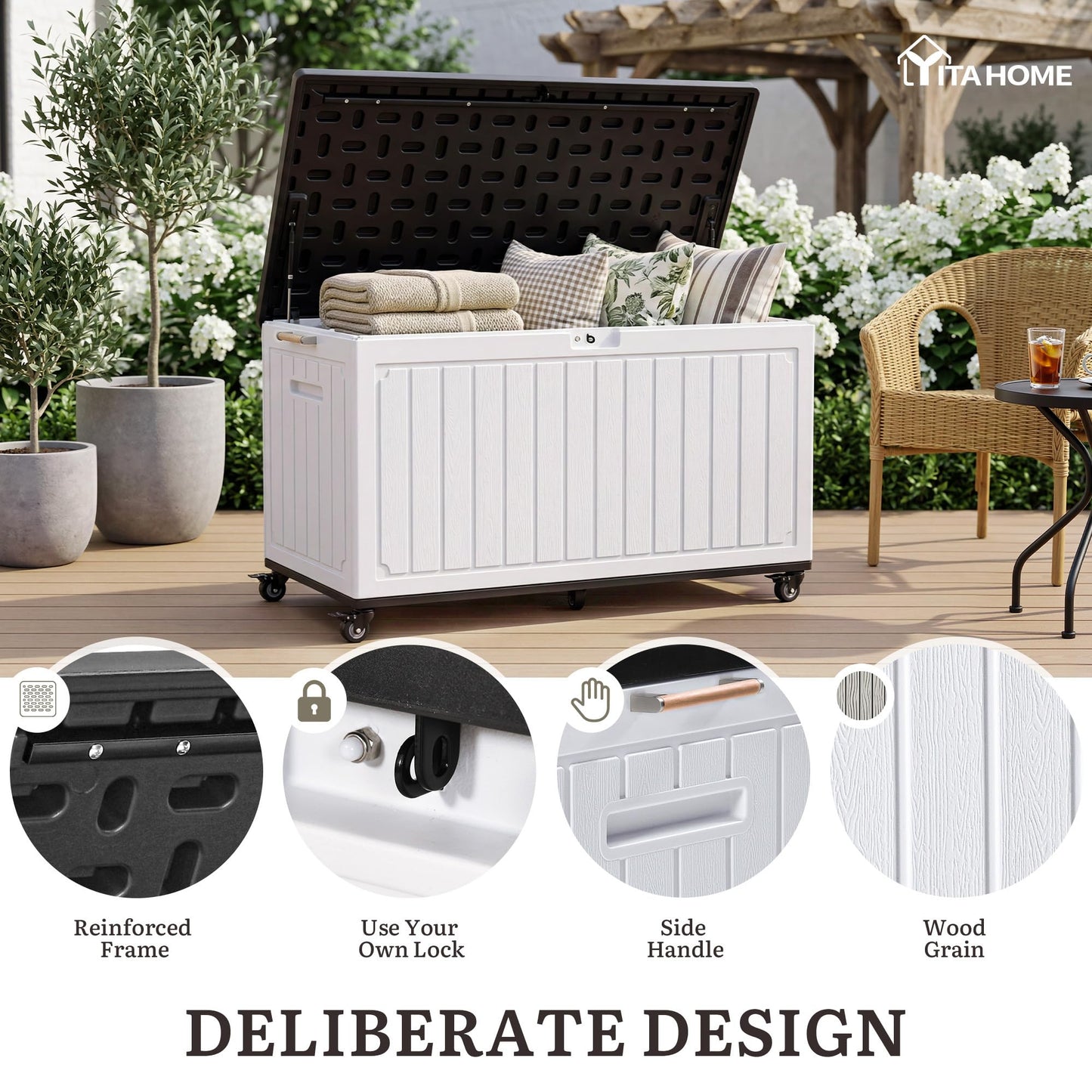 YITAHOME 90 Gallon Outdoor Storage Box with 6 Swivel Wheels & Dual Wooden Handles, Large Double-Wall Resin Deck Box, Lockable Waterproof Patio Organizer for Furniture, Cushions, White & Black