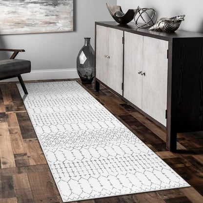 Lahome Moroccan Kitchen Runner Rug - 2x8 Non-Slip Washable Hallway Rug Runner Ultra-Thin Soft Throw Bathroom White Print Distressed Carpet for Entryway Laundry Room Living Room Hana