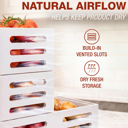 HOMESTEAD Stackable Solid Wood Storage Bins for Kitchen Pantry & Countertop, Ventilated Potato and Onion Basket Organizer with Handles, Wooden Produce Storage Containers, 3-Pack, White