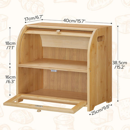 HOOBRO Bread Box, Bamboo Bread Box for Kitchen Countertop, 2 Tier Roll-Top Bread Bin, Food Storage Box, Large Capacity Keeper, Wooden Storage Cabinet, for Kitchen, Dining Room, Natural YL13MB01