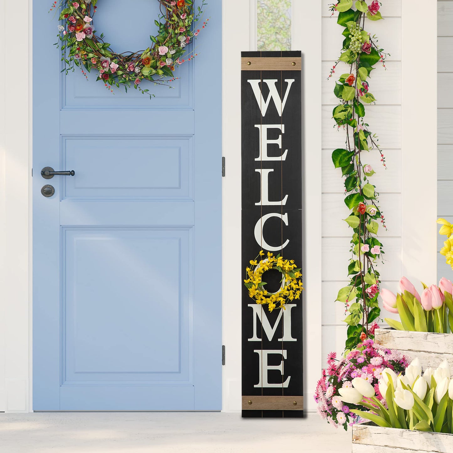 Glitzhome 5ft H Wooden Welcome Sign with 4 Interchangeable Wreaths - Spring/Patriotic/Fall/Christmas Floral Wreaths, Farmhouse Hang/Lean Wall Decor for Front Door, Porch, Yard - Solid Wood, Style3