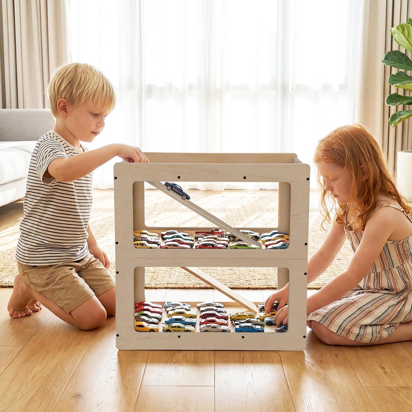 Parking Garage for Toy Cars, Storing Items, Toy Car Storage Rack with Three-Level Ramp, Compatible with Hot Wheels & Matchbox, Wooden Parking Garage Playset Holds 40+ Cars, Safe & Durable Gift