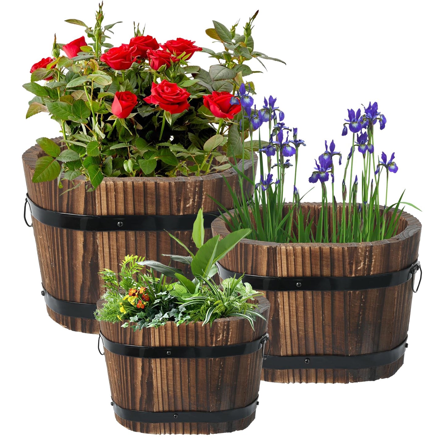 Hlimior 3 Pcs Wooden Whiskey Barrel Planters, Wooden Flower Planters Pots Boxes with Metal Handles 3 Sizes Planting Wood Buckets Tree Pot for Indoor Outdoor Garden Home Plants