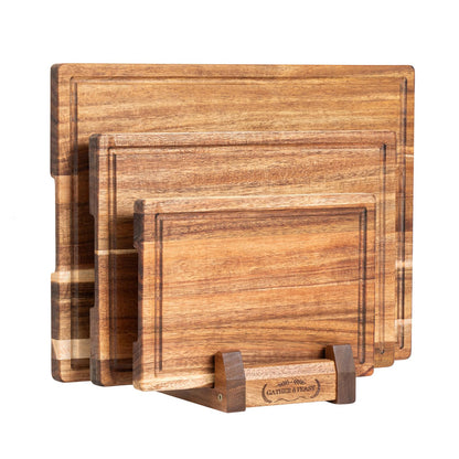 Cutting Boards for Kitchen with Wood Storage Stand Chopping Board Acacia Wood Cutting Board Juice Groove Easy-Grip Handles,Serving Tray for Charcuterie Meat Vegetables(Multi-Size Set | 3 Pack)