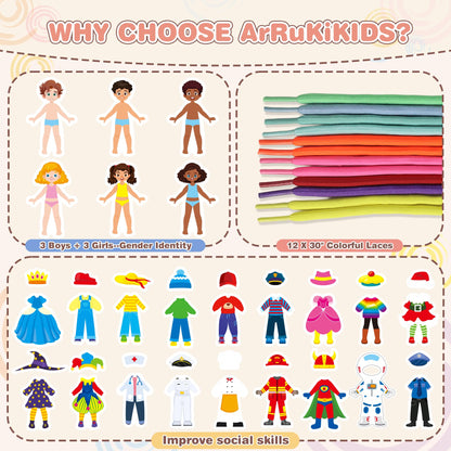 18 Sets Dress Up Lacing Card for Toddlers, Girls Sewing Kit for Kids Montessori Fine Motor Skills Toy for Preschool Learning Activities Kindergarten Toys