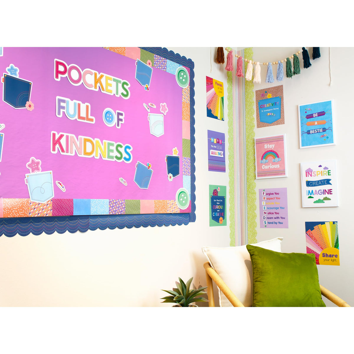 Carson Dellosa Crafty and Cool 58-Piece Pockets Full of Kindness Motivational Bulletin Board Set, Arts and Crafts Theme Growth Mindset Classroom Decor