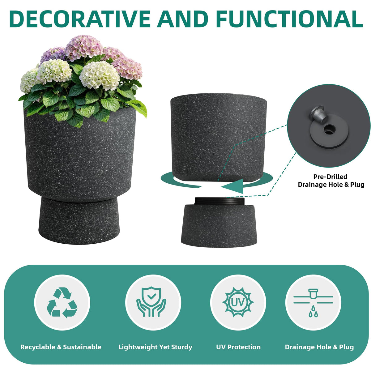 Autodaya 16.8" Modern Pedestal Planters Set of 2, Large Plastic Flower Pots with Terrazzo Finish, Drainage Hole & Weather Resistance for Indoor/Outdoor Garden Patio Balcony Decor