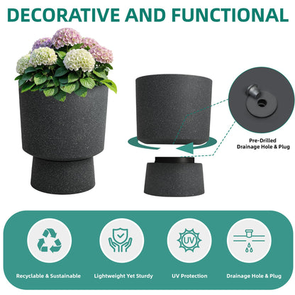 Autodaya 16.8" Modern Pedestal Planters Set of 2, Large Plastic Flower Pots with Terrazzo Finish, Drainage Hole & Weather Resistance for Indoor/Outdoor Garden Patio Balcony Decor