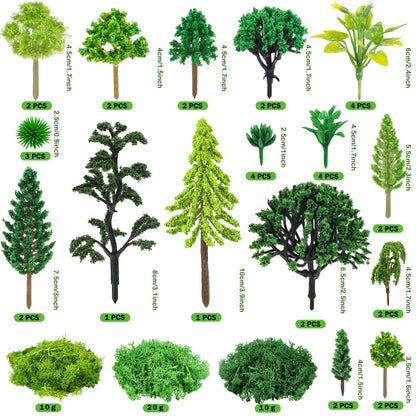 QUOZUO 36 Pcs Green Mixed Model Trees with 40g Moss, Diorama Trees Grass Mini Fake Miniature Trees Moss for Building Model, Model Train Scenery, Natural Green Landscape, Railroad Scenery