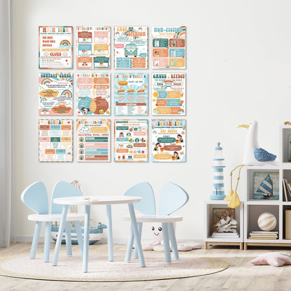 QOUBAI 12pcs Reading Comprehension Classroom Posters Groovy Hippie English Language Arts Bulletin Board Chart Reading Corner Poster for Elementary Middle High School Wall Decor Classroom Must Haves