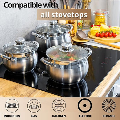 Daniks Classic 3 Quart Stainless Steel Stock Pot with Glass Lid, Tri-Ply Bottom for Even Heating, Induction Compatible, Dishwasher Safe
