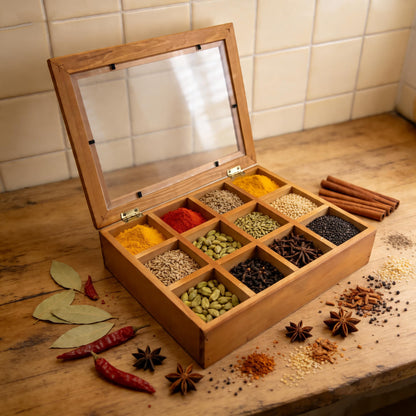 Hunmor Wooden Spice Box 10x7.5 Inch, Indian Spice Box, Masala Dabba Spice Box for Kitchen,Decorative Indian Organizer with Lid,12 Compartments Spice Storage Container,Ideal for Seasonings & Herbs