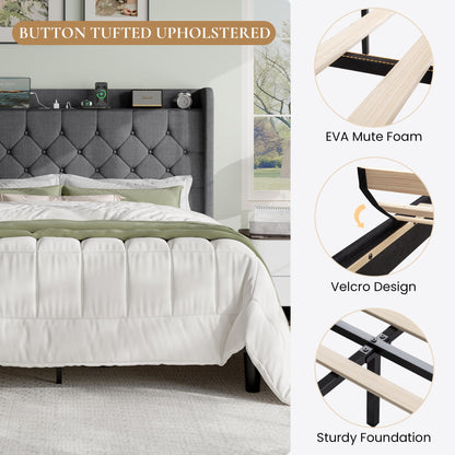 SHA CERLIN Full Size Platform Bed Frame with Charging Station, Linen Wingback Headboard with Storage Shelf, Wooden Slats Support, Ample Under-Bed Space, No Box Spring Needed, Easy Assembly, Dark Grey