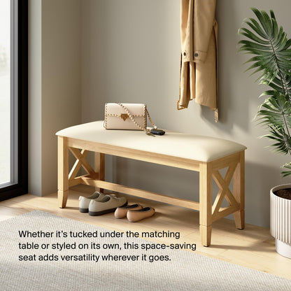 Bush Home 44-Inch Upholstered Dining Room Bench, Farmhouse Wooden X Design, Cushioned Seat for Kitchen Table or Entryway, No Table, Key West Collection, Blonde Oak and Bright Beige Fabric