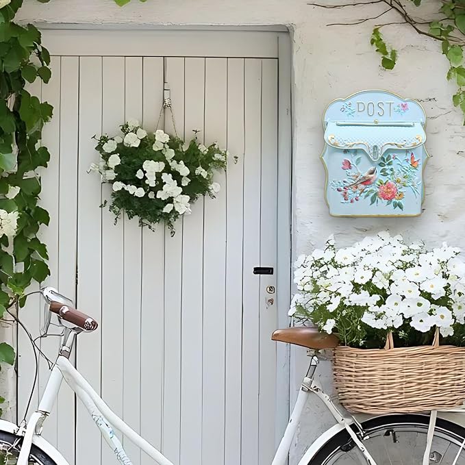 Vintage Wall Mount Mailbox for House Outside Metal Decorative Door Mailbox Antique Style Nostalgic Charm Home Decor Garden Vintage English Cottage for Home Garden House Farmhouse Porch Decor (Blue)