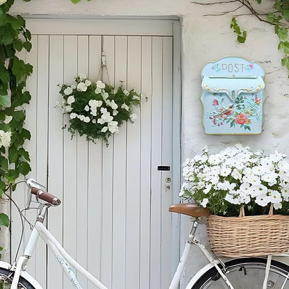 Vintage Wall Mount Mailbox for House Outside Metal Decorative Door Mailbox Antique Style Nostalgic Charm Home Decor Garden Vintage English Cottage for Home Garden House Farmhouse Porch Decor (Blue)