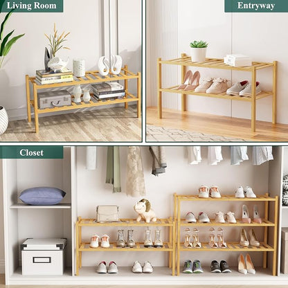 Smiry Bamboo Shoe Rack, 6 Tier Free Standing Wooden Shoe Organizer, Stackable Wood Shoe Storage Shelf for Closet, Entryway, 12 Vertical Slats, 2+2+2 Stack Standard Legs, 26.8"x11"x39", Natural