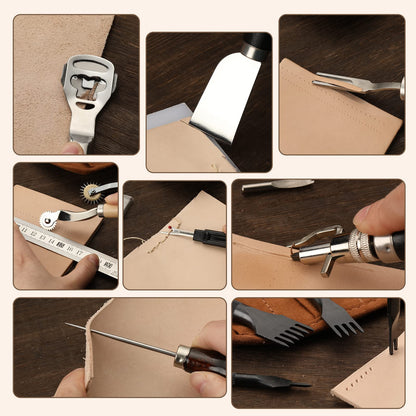 BUTUZE Leather Tooling Kit, Practical Leather Working Tools with Beveler, Groover, Stitching Punch Sewing Thread and Needles - Comes with Roll Bag and Manual