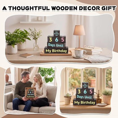 7 Pcs 365 Days Countdown Birthday Wooden Table Decor, Birthday Activities Decision Dice Rustic Table Centerpiece Decorations for Home Office