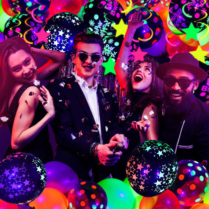 Jetec 71 Pcs Neon Birthday Party Supplies Decorations Include Clear Glow in The Dark Balloons, UV Neon Balloons, Star Hanging Swirls, Rave Theme Birthday Decor Banner Accessories Supplies