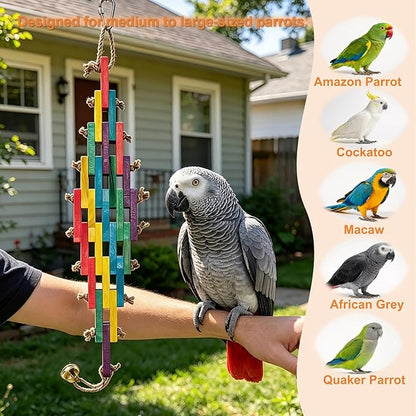 Wooden Bird Toy for Large Parrots – Natural Chewing Blocks with Locking Carabiner (Nut Tightening) for Macaws, Cockatoos, African Greys, Amazon Parrots – Non-Toxic, Colorful, Cage Accessory