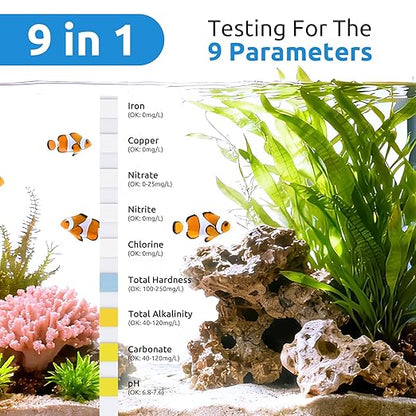 SEAOURA 9-in-1 Aquarium Test Kit for Fish Tanks - 135 Strips Water Testing Strips for Aquariums & Ponds Accurate Testing Iron，Copper，Nitrate，Nitrite，Chlorine，Hardness，Alkalinity，Carbonate，pH