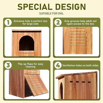 Screech Barred Owl House, 25" Extra Large Owl Bird Box Handmade Wooden Circular Opening for Outside with Mounting Screws and A Bag of Wood Shavings, Easy Assembly Required (Brown, 14"x25")