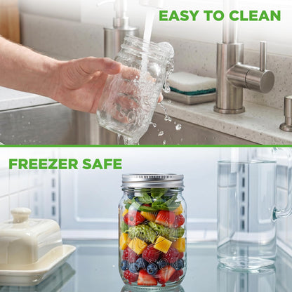 NutriChef 4-Pack 16 oz Mason Jars with Lids - Thick Glass Canning Jars with Stainless Steel Lids - Ideal for DIY Spices, Meal Prep, Overnight Oats, Jelly, Jam, Honey, Candles, Crafts, & More