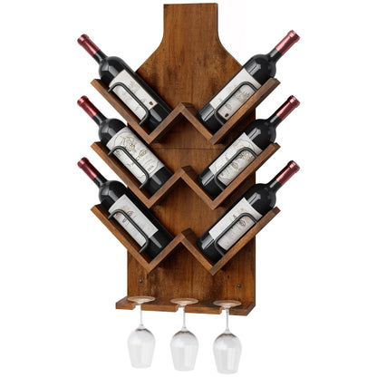 Hoctieon Wine Rack Wall Mounted, 6 Bottles Wood Wine Rack for Display and Storage, Hanging Bottle Holder Bar Shelves for Living Room, Kitchen, Dining Room, Wine Cellar, Rustic Brown