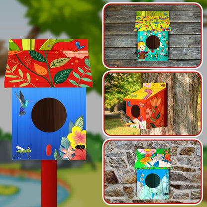 Humyoun 2 Pack Large Wood Bird Houses with Painting Kits for Outside with Pole Wooden Bird House for Finch Bluebird Cardinals Hanging Birdhouse Clearance Garden Country Cottages