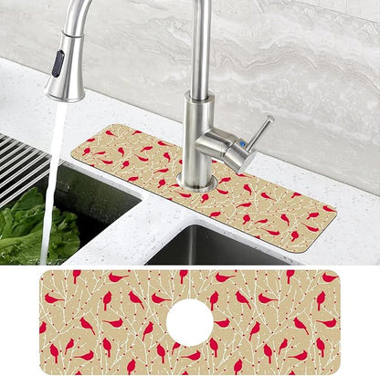 Christmas Cardinal Birds Kitchen Sink Splash Guard Mat Absorbent Fast Drying