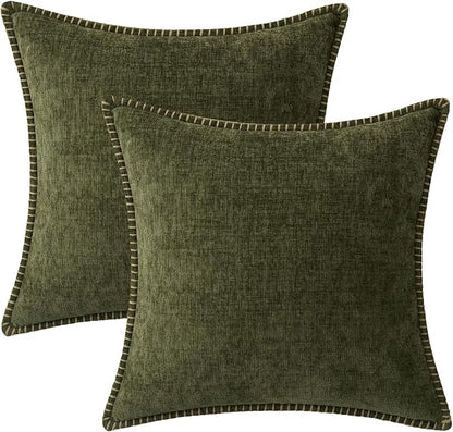 MIULEE Pack of 2 Euro Sham Pillow Covers 24x24 Inch Olive Green Farmhouse Decorative Throw Pillow Covers with Stitched Edge Soft Chenille Solid Dyed Pillow Covers for Bed Sofa Couch Living Room