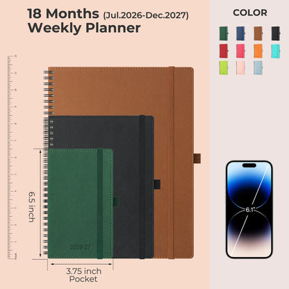 IN-LUXPRO Planner 2026-2027 Daily Weekly and Monthly,6.5"x3.75",18 Months Spiral Bound Calendar Agenda with Self-adhesive Pen Holder,2026 Academic Plan with Vegan Leather Soft Cover,Brown