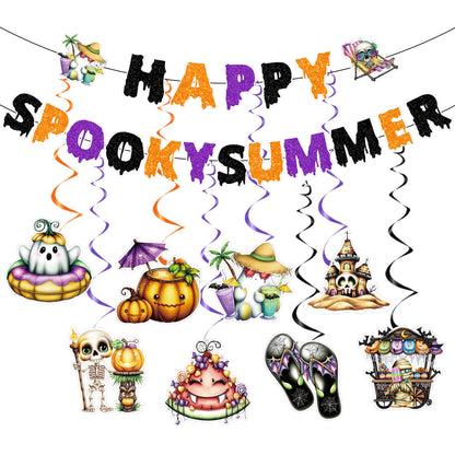 RUBOAOA Summerween Decorations, 10 Pcs Spooky Summer Halloween Decor with Banner Hanging Swirls, Cute Luau Beach Tropical Party Supplies for Indoor Home, Backyard, Patio, Pool and Summer Parties